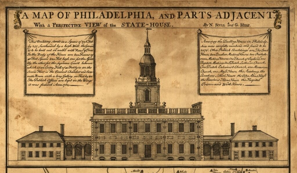 Detailed colonial map showing Independence Hall facade