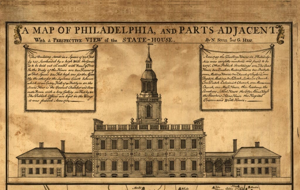 Antique engraving of Philadelphia state house